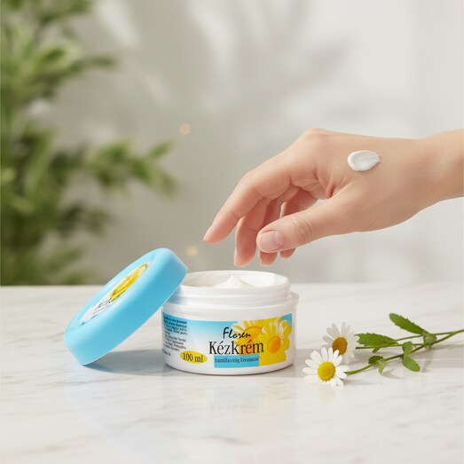 Kéz Floren kamillás kézkrémmel, márványon, hidratáló ápolás a sima bőrért