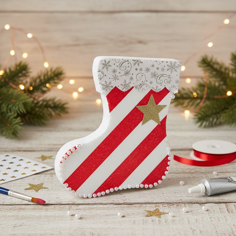 Polisztirol masnis nyalóka, gyöngyökkel és több színű festéssel díszítve