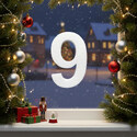 Adventi ablakdekoráció: 9-es hungarocell számjegy (álló) havas, ünnepi ablakdíszletben