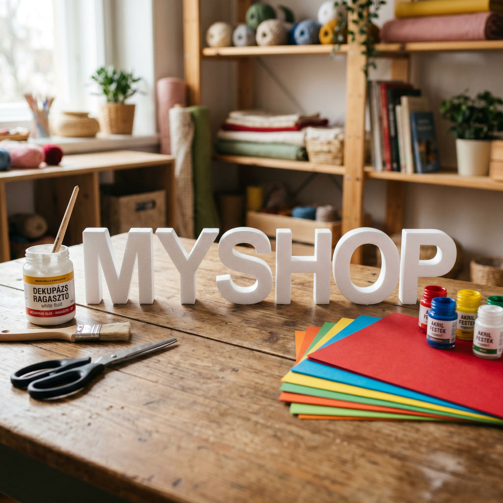 MY SHOP felirat habbetűkből összeállítva, egy munkaasztalon