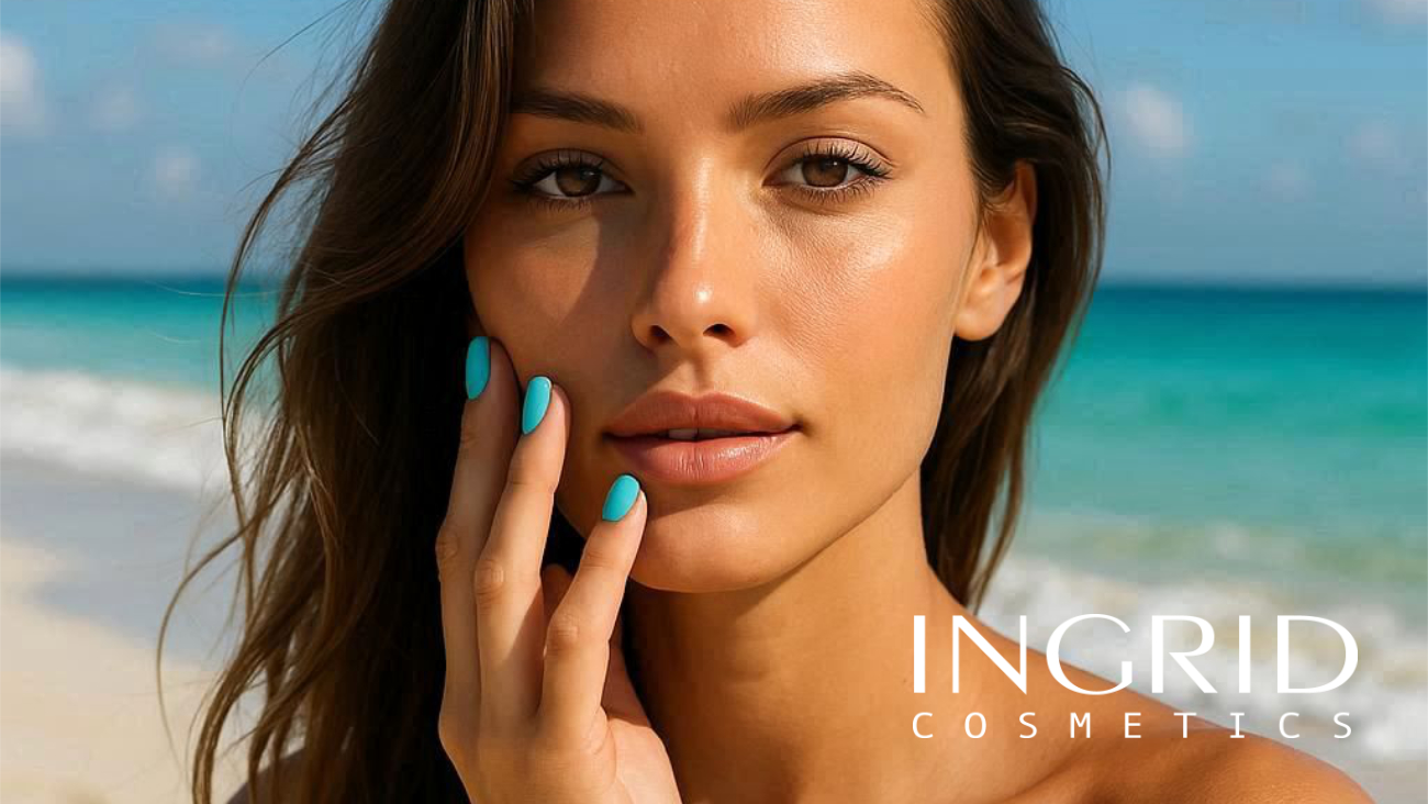 INGRID Cosmetics türkiz körömlakk Fiatal nő a tengerparton türkiz színű körmökkel