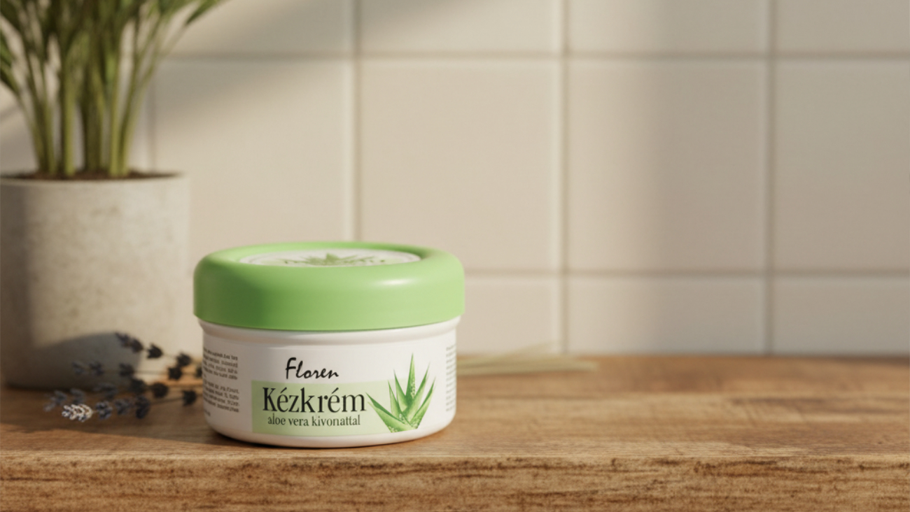 Floreni kézkrém aloe vera kivonattal egy fürdőszobai polcon, egy növény és levendula mellett, puha, természetes fénnyel megvilágítva.