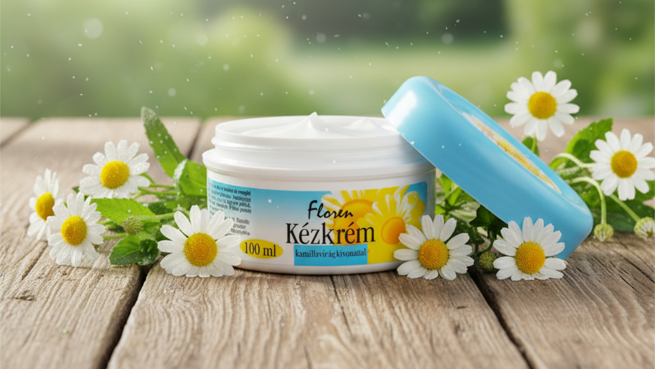 Floren kamillás kézkrém 100ml természetes környezetben, friss kamillavirágokkal, tavaszi reggel hangulata
