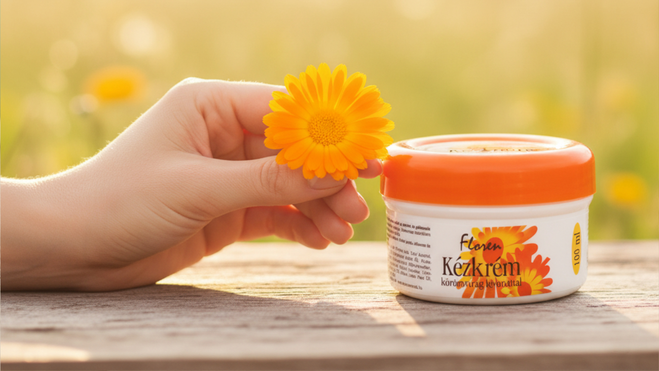 Floren körömvirágos kézkrém a természetben, ápolt kéz friss körömvirággal, 100ml